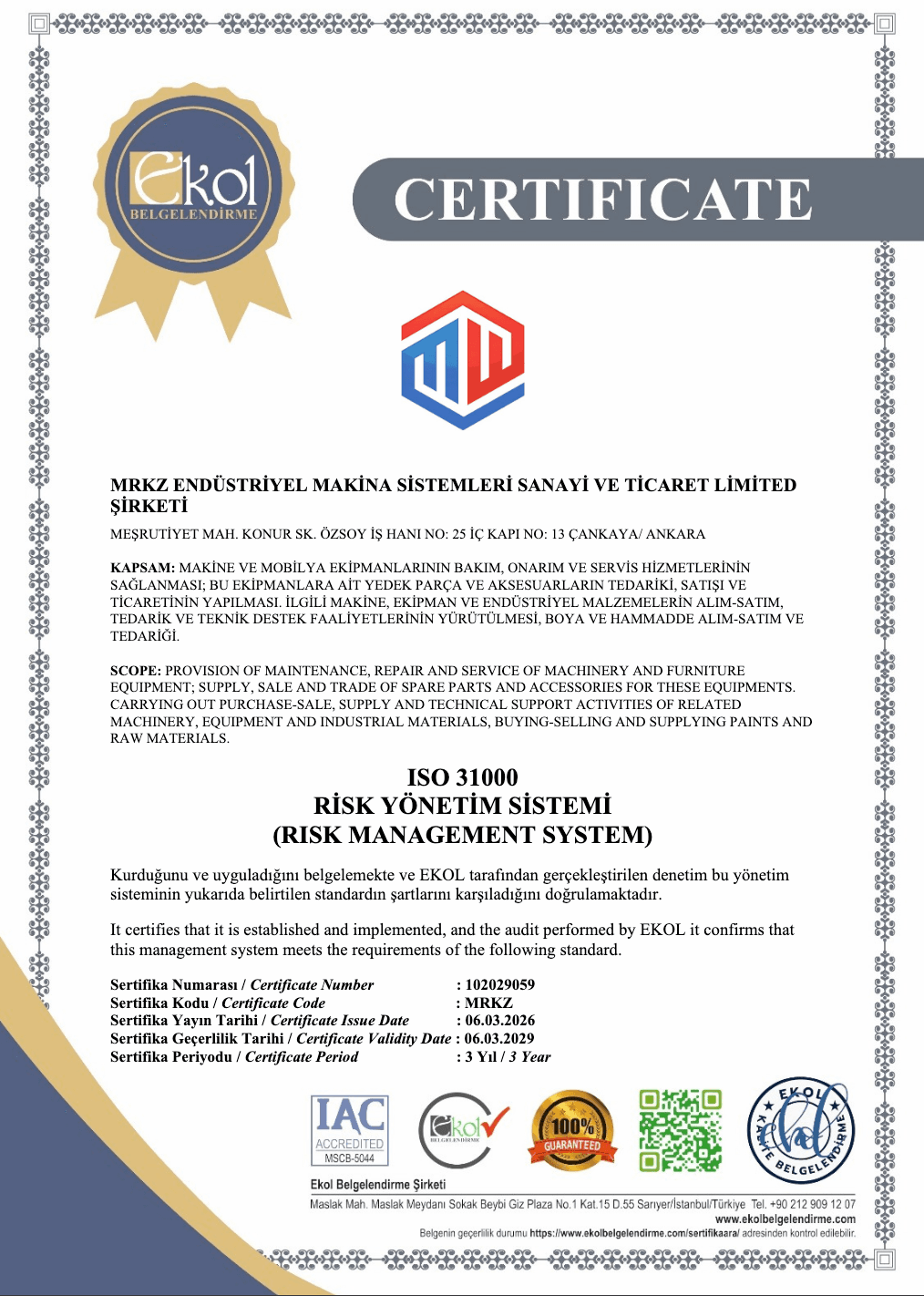 Management system certificates — Certificate page 1