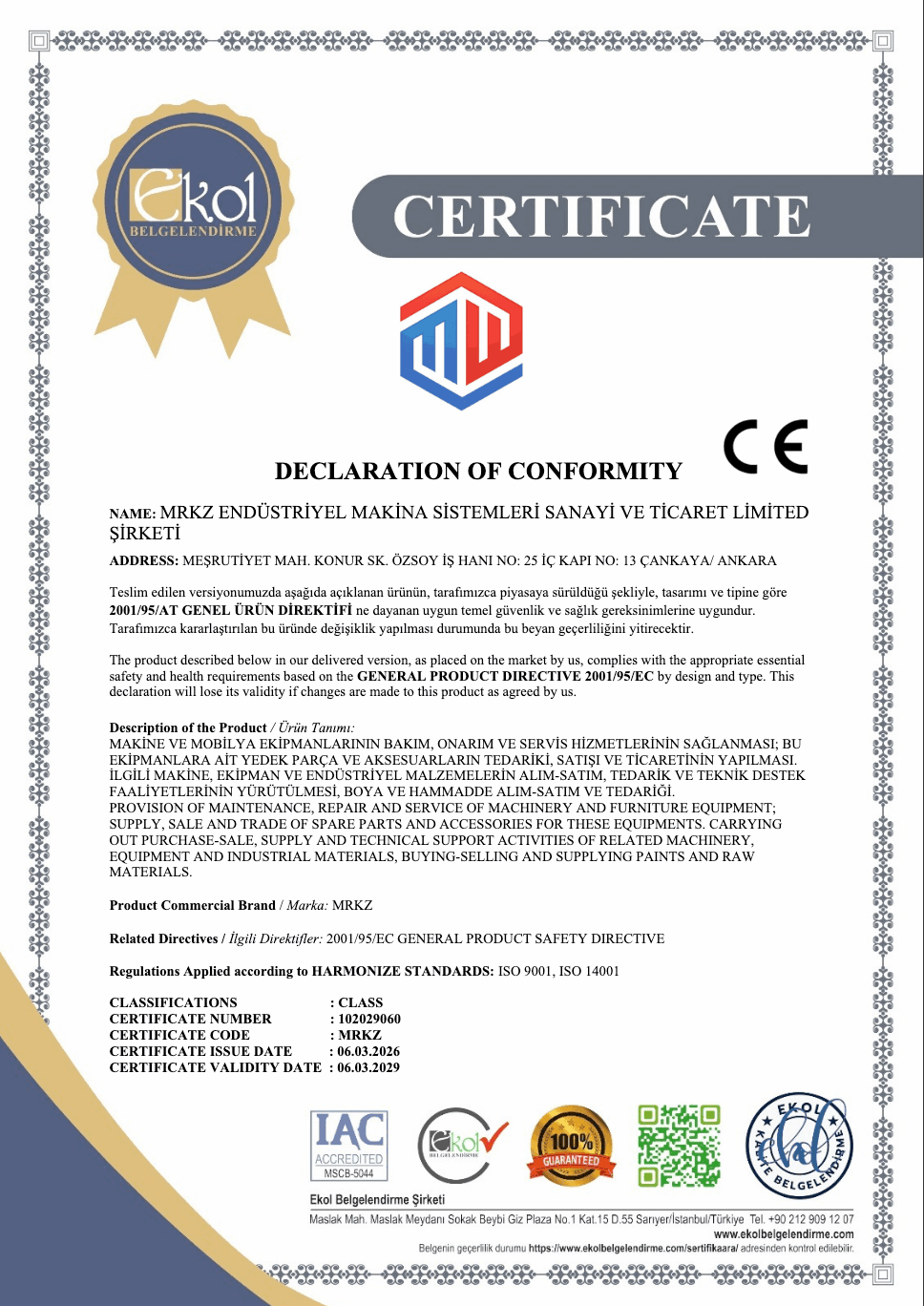 Declaration of conformity — Certificate page 1